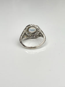 Platinum Edwardian Moonstone and Diamond Halo Ring